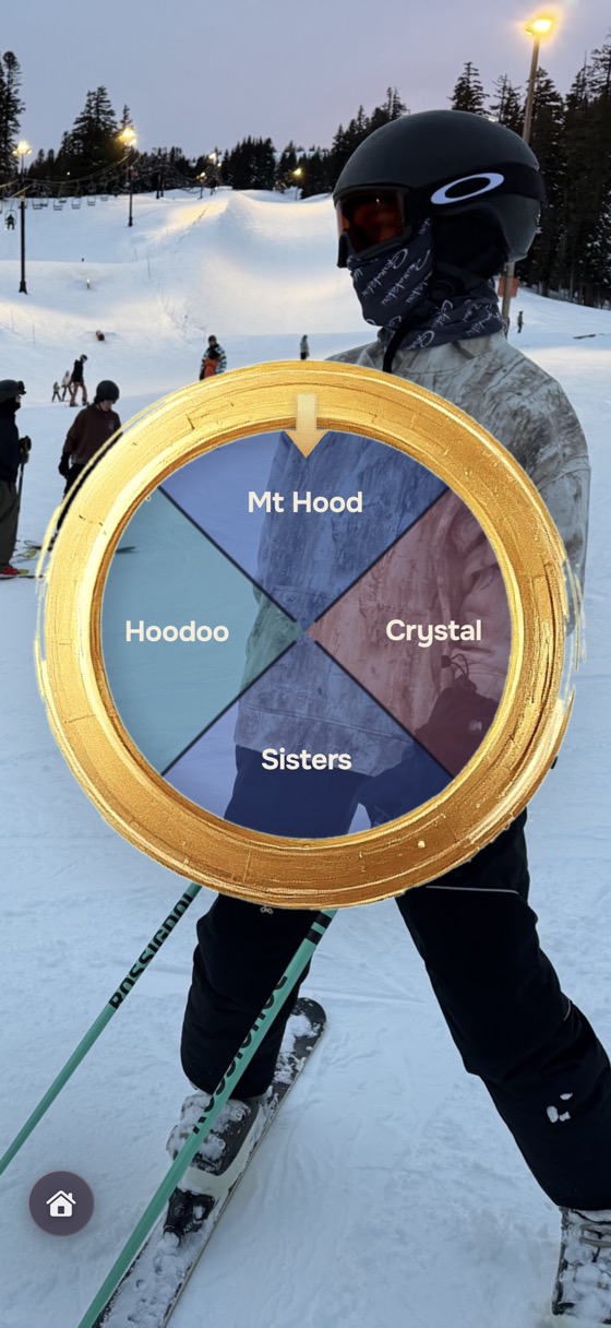 A custom wheel under the Cosmic gold-rim dial, set behind a photo from a ski day